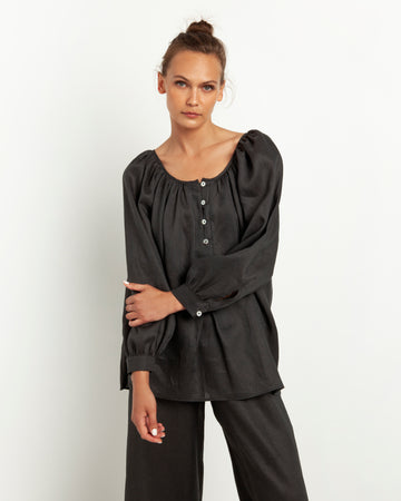 Charcoal Long Sleeve Linen Blouse