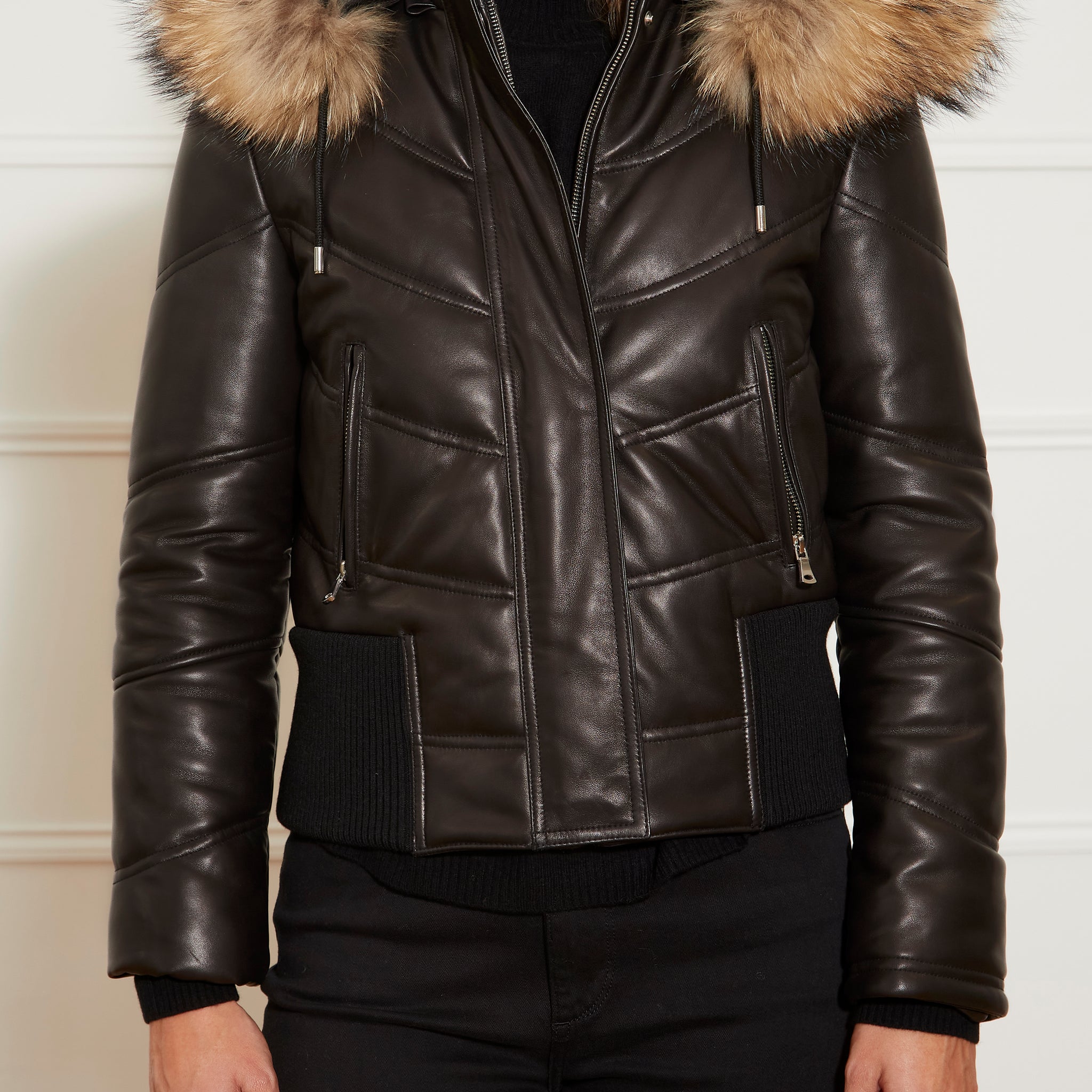 Black Leather Bomber With Fur Trim