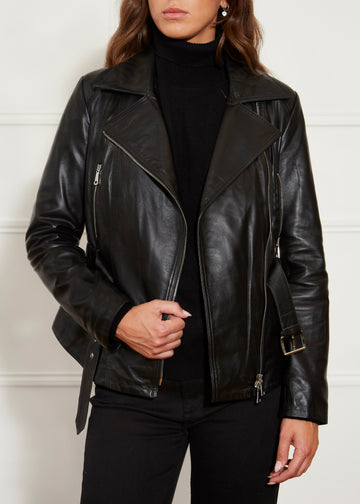 Black Leather Biker Jacket With Belt