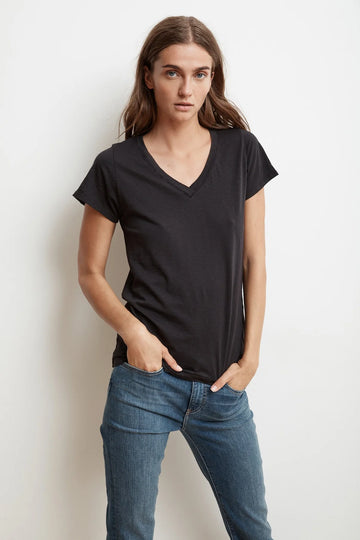 'Jill' V Neck Black Short Sleeve Tee