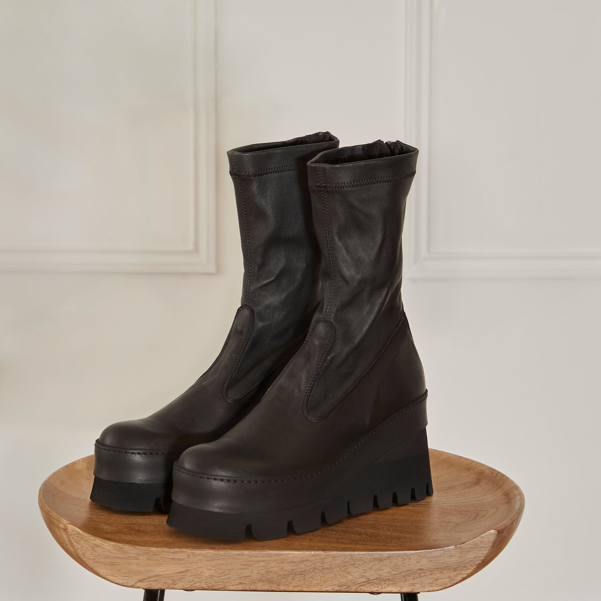 Black Leather Stretch Wedge Boot