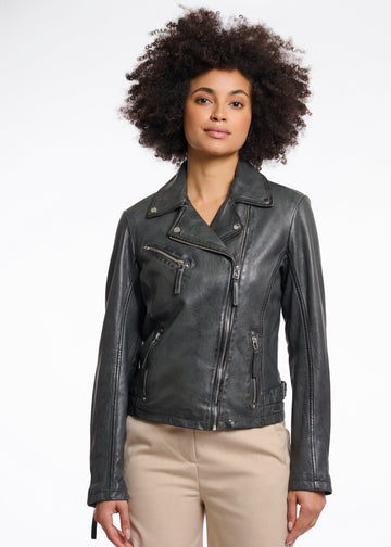 Renee Leather Biker Jacket in Deep Iron