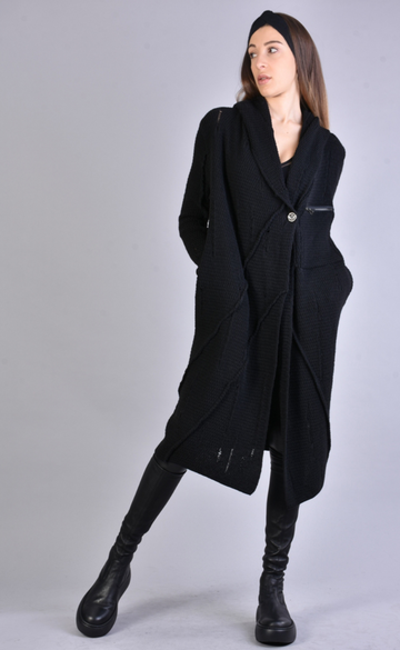 3/4 Length Wool Blend Cardigan Black