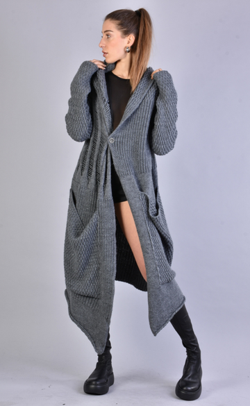 Long Asymmetric Woven Cardigan Grey