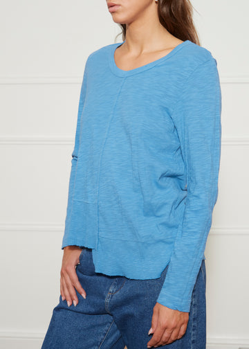 Long Sleeve Ribbon Shifted Blue Edged T Shirt