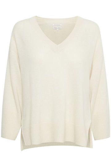 Hellin White Cap Cream V Neck Cahsmere Sweater