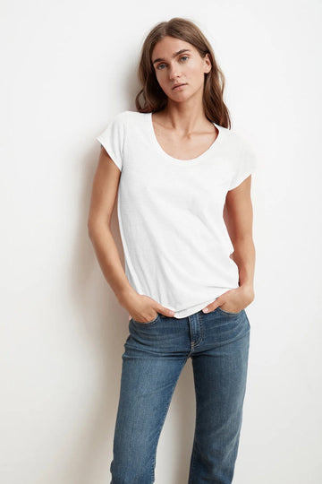 Katie Scoop Neck White Short Sleeve Tee