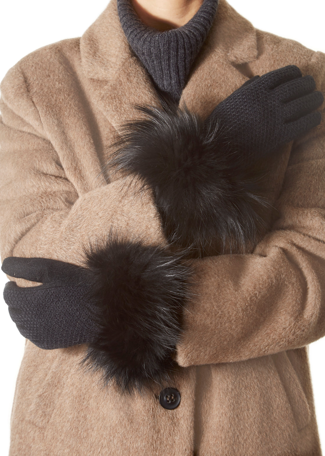 Black Quilted Gloves With Black Fox Trim - Jessimara