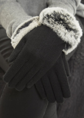 Black Gloves With Black Snowtop Rex Rabbit Fur Trim - Jessimara