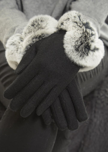 Black Gloves With V Shape Black Snowtop Rex Rabbit Fur Trim - Jessimara