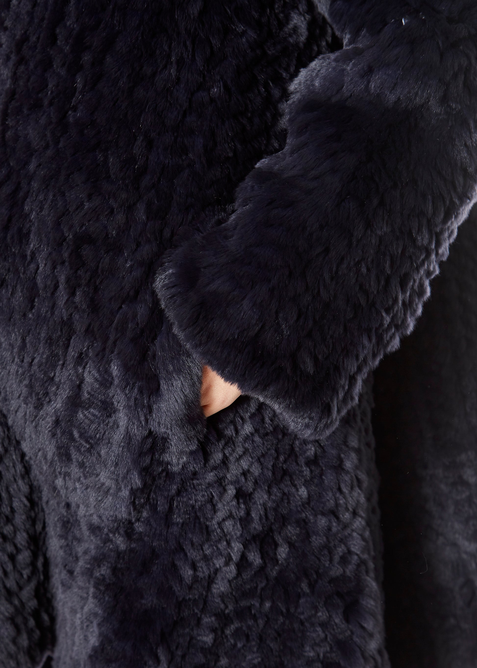 Navy Long Hooded Asymmetric Knitted Rex Rabbit Jacket - Jessimara