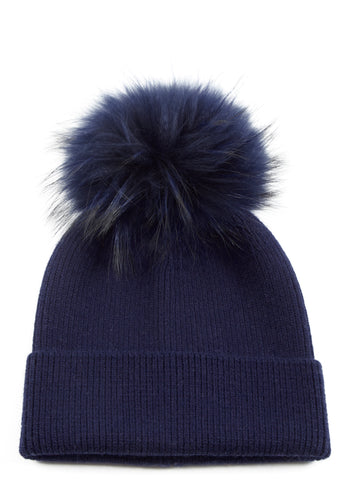 Fur5Eight Navy Premium Wool Blend Fur Pom Hat