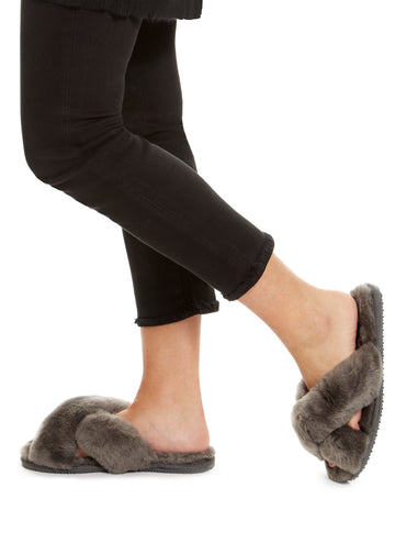 Dark Grey Criss Cross Luxury Sheepskin Slippers - Jessimara