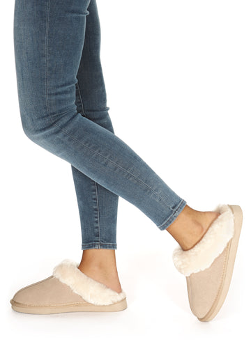 Beige Cream Luxury Sheepskin Wedge Slippers - Jessimara