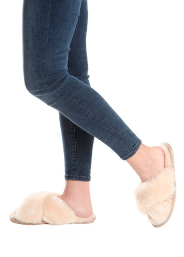 Cream Criss Cross Luxury Sheepskin Slippers - Jessimara