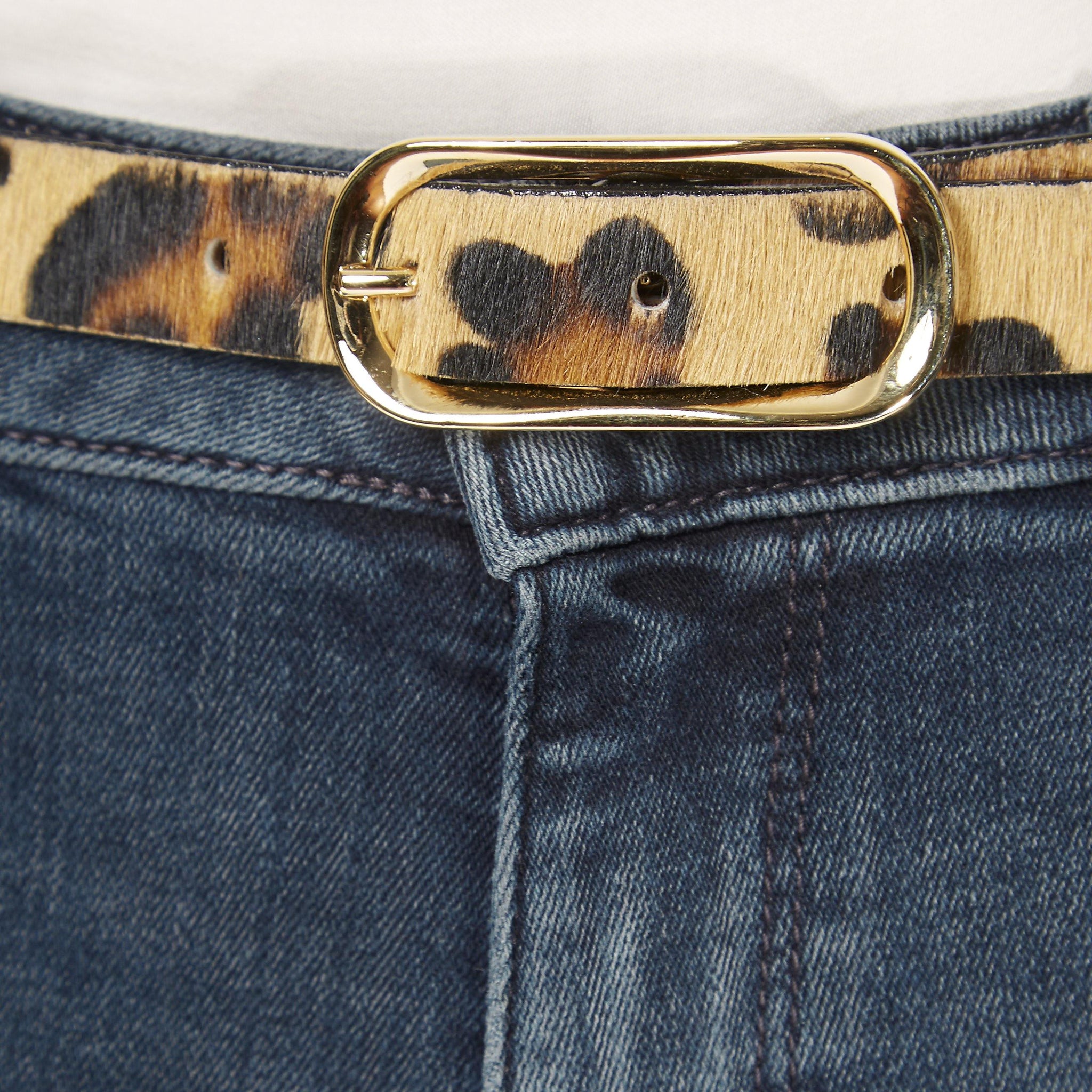 'Midori' Thin Leopard Print Belt With Gold Buckle - Jessimara