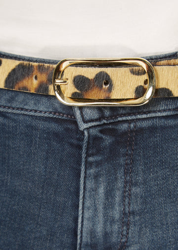 'Midori' Thin Leopard Print Belt With Gold Buckle - Jessimara