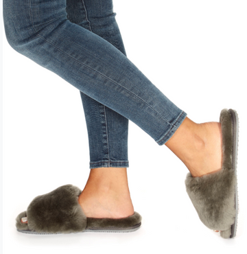 Dark Grey Sheepskin Deep Slippers Sliders - Jessimara