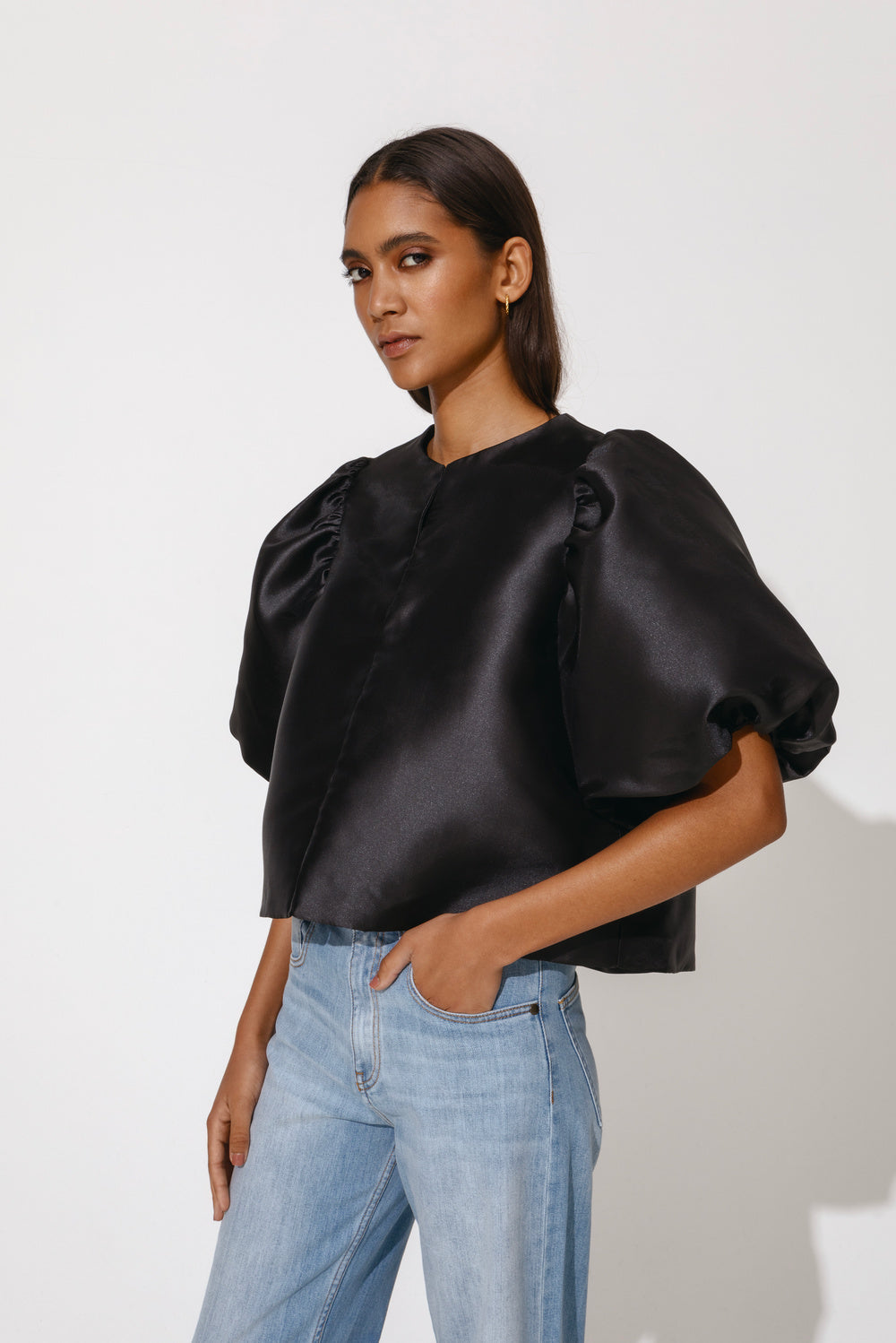 Cleo Short Sleeved Puff Black Blouse