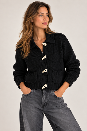 Wendy Black Wool Knit Toggle Cardigan