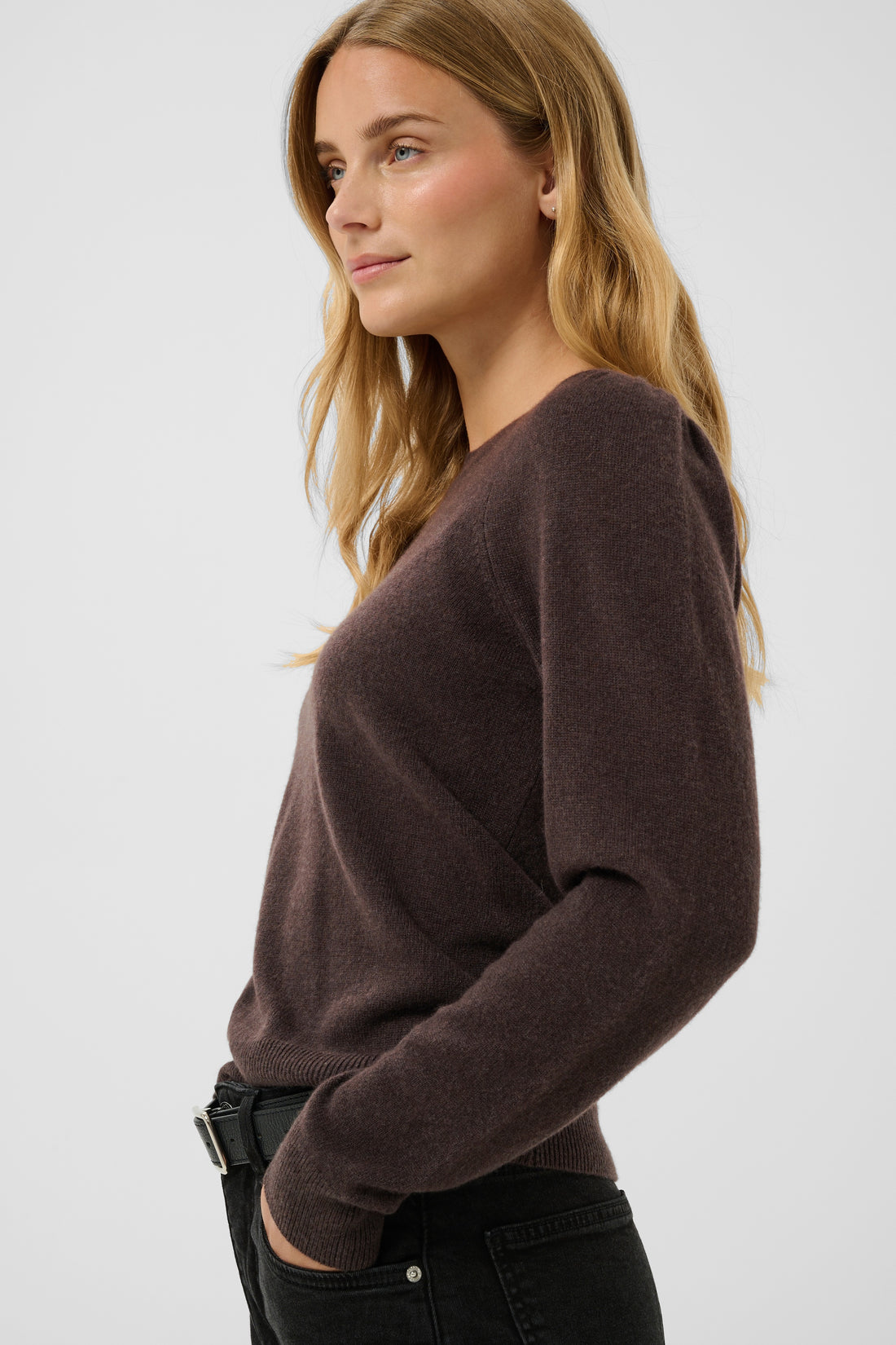 Evina Puff Shoulder Brown Cashmere Sweater