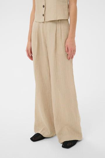 Aliya Neutral Pinstripe Linen Wide Leg Trousers