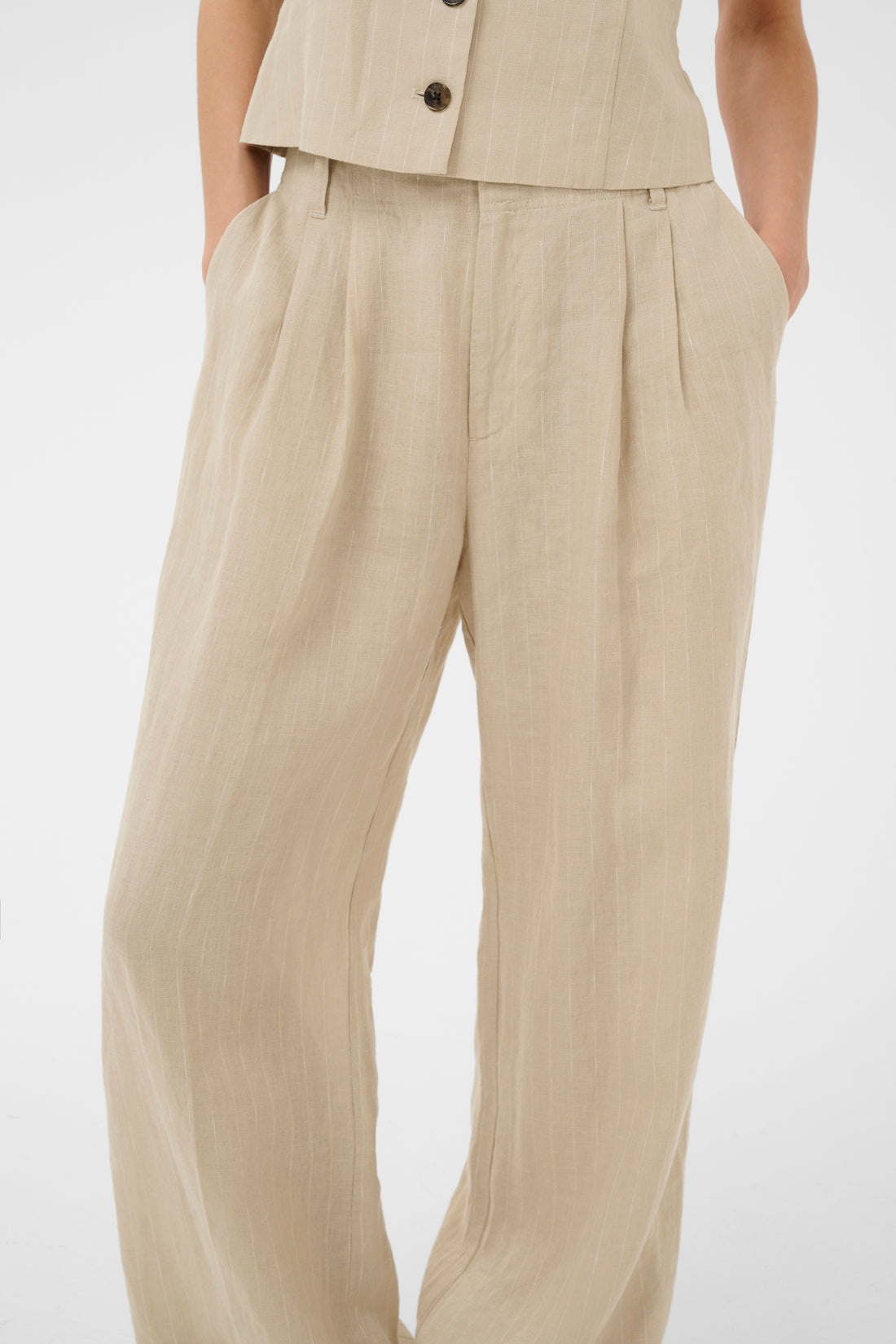 Aliya Neutral Pinstripe Linen Wide Leg Trousers