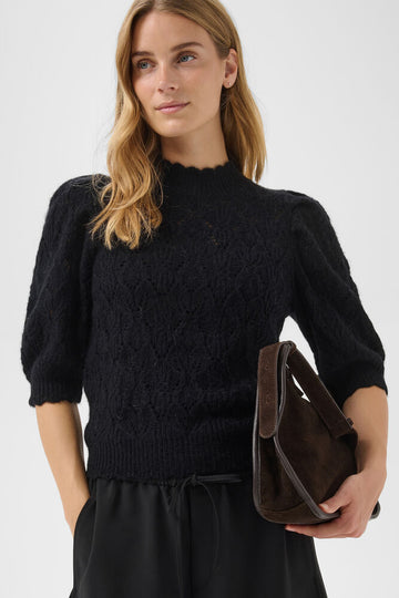 Dorthie Black Knit Puff Sleeve Top