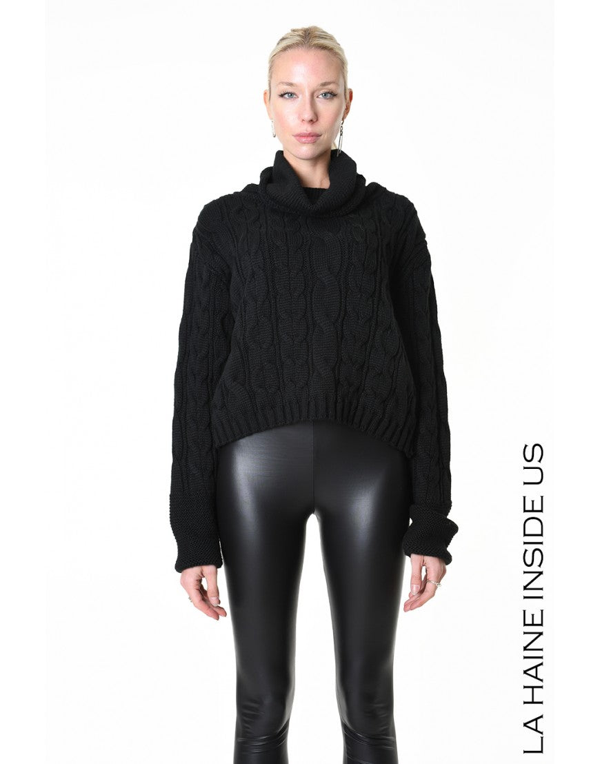 Black Cable Knit Rollneck Sweater