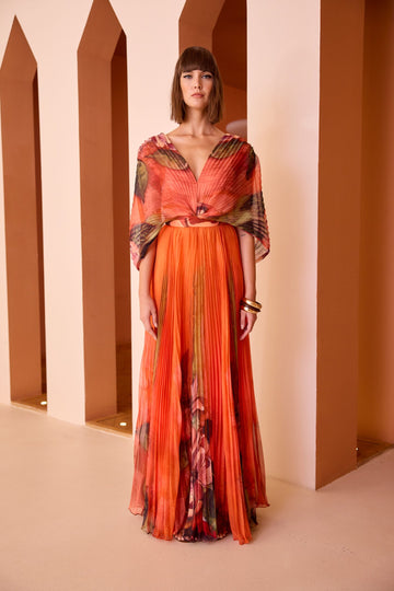Orange Print Pleated Evening Dress