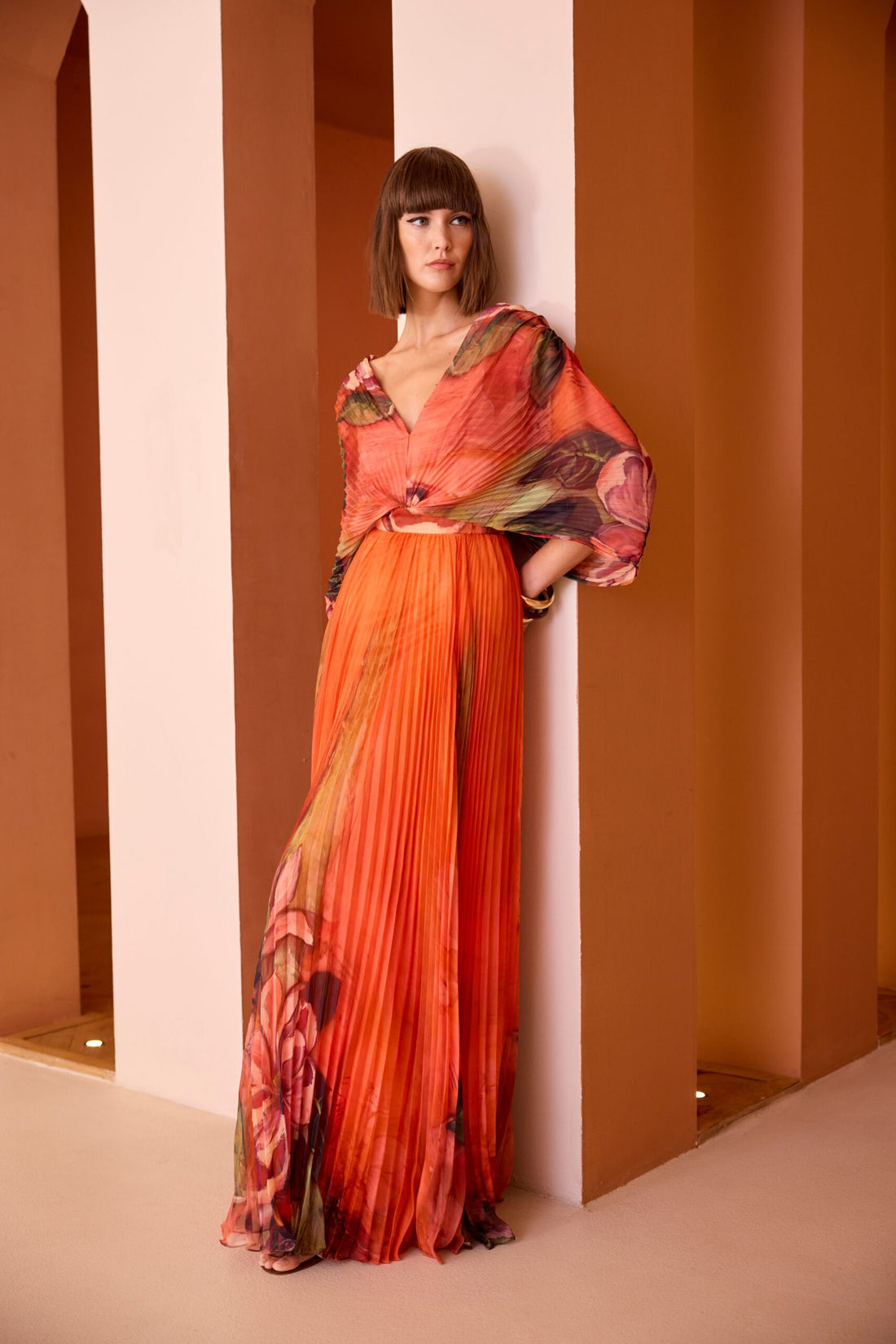Orange Print Pleated Evening Dress
