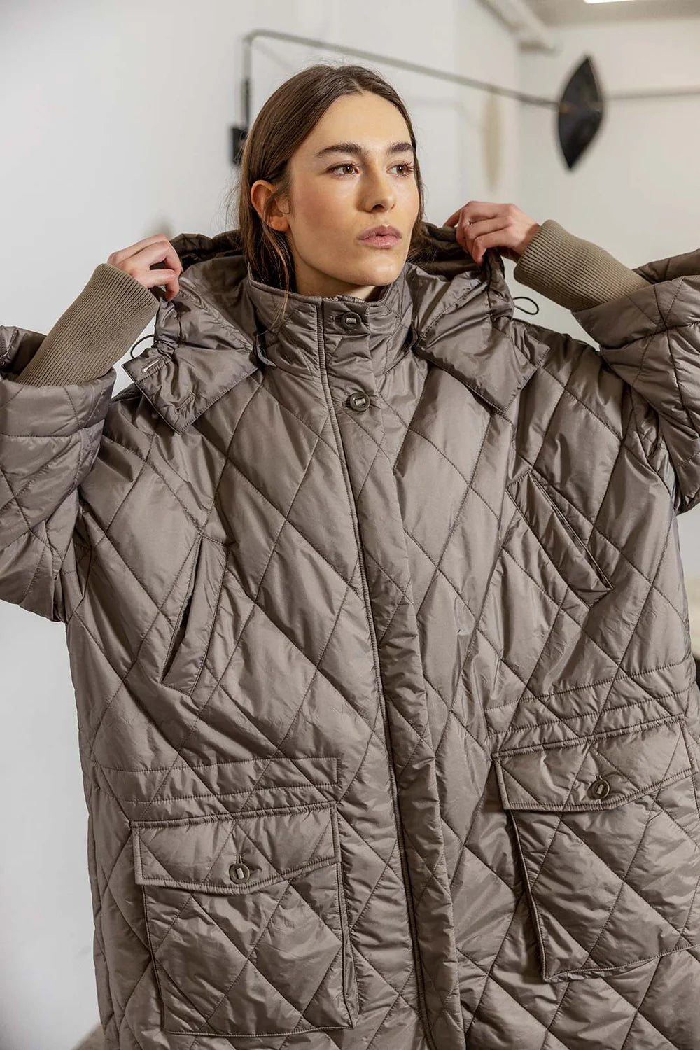 Neva Long Drawstring Coat in Rock