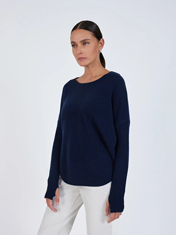 Arya Navy Cashmere Round Neck Poncho Jumper