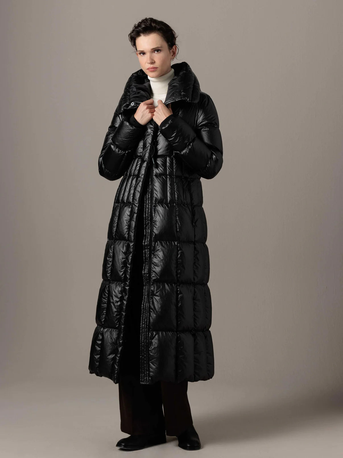 Nevina Black Leather Look Down Coat
