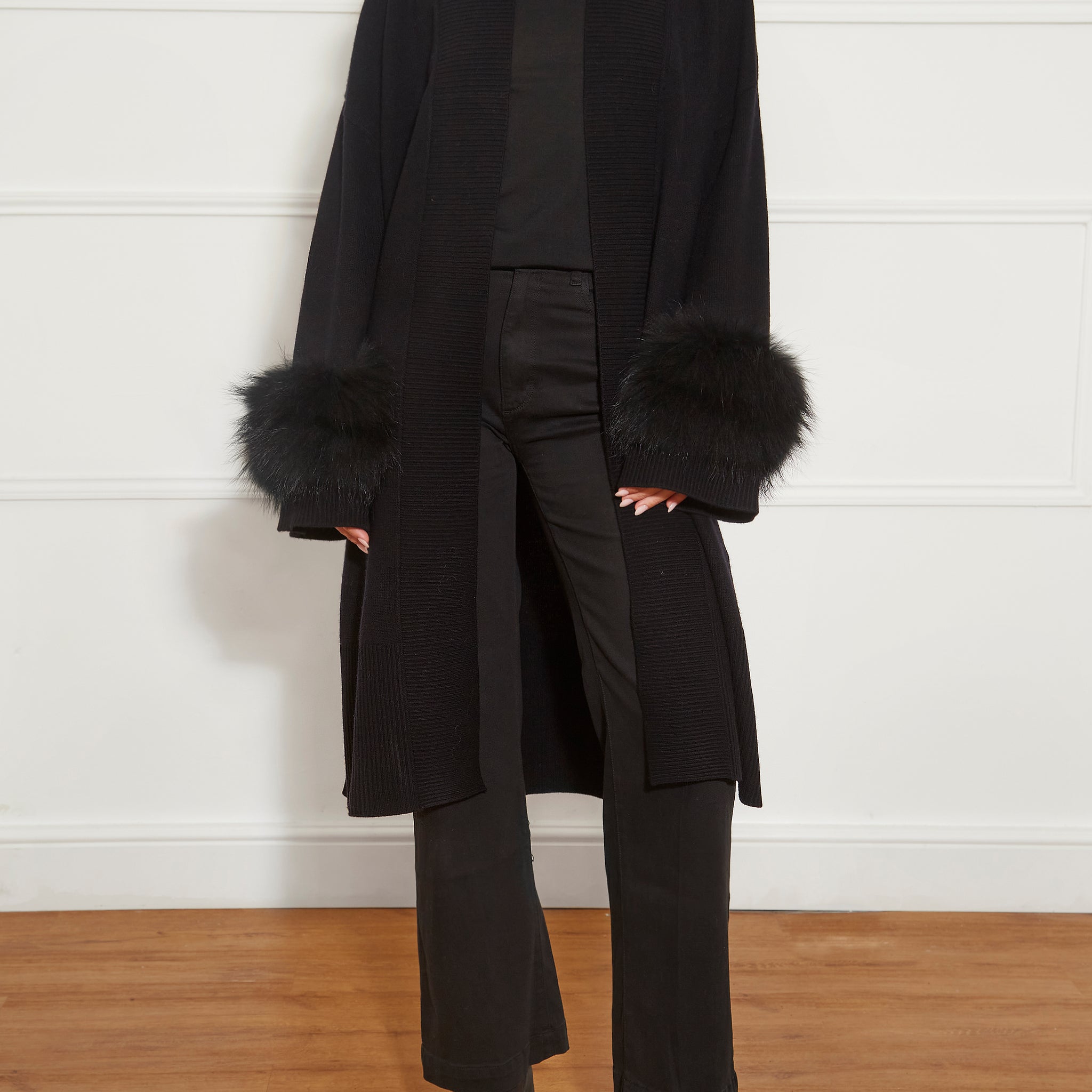 Black Fur Trim Cashmere Blend Cardigan