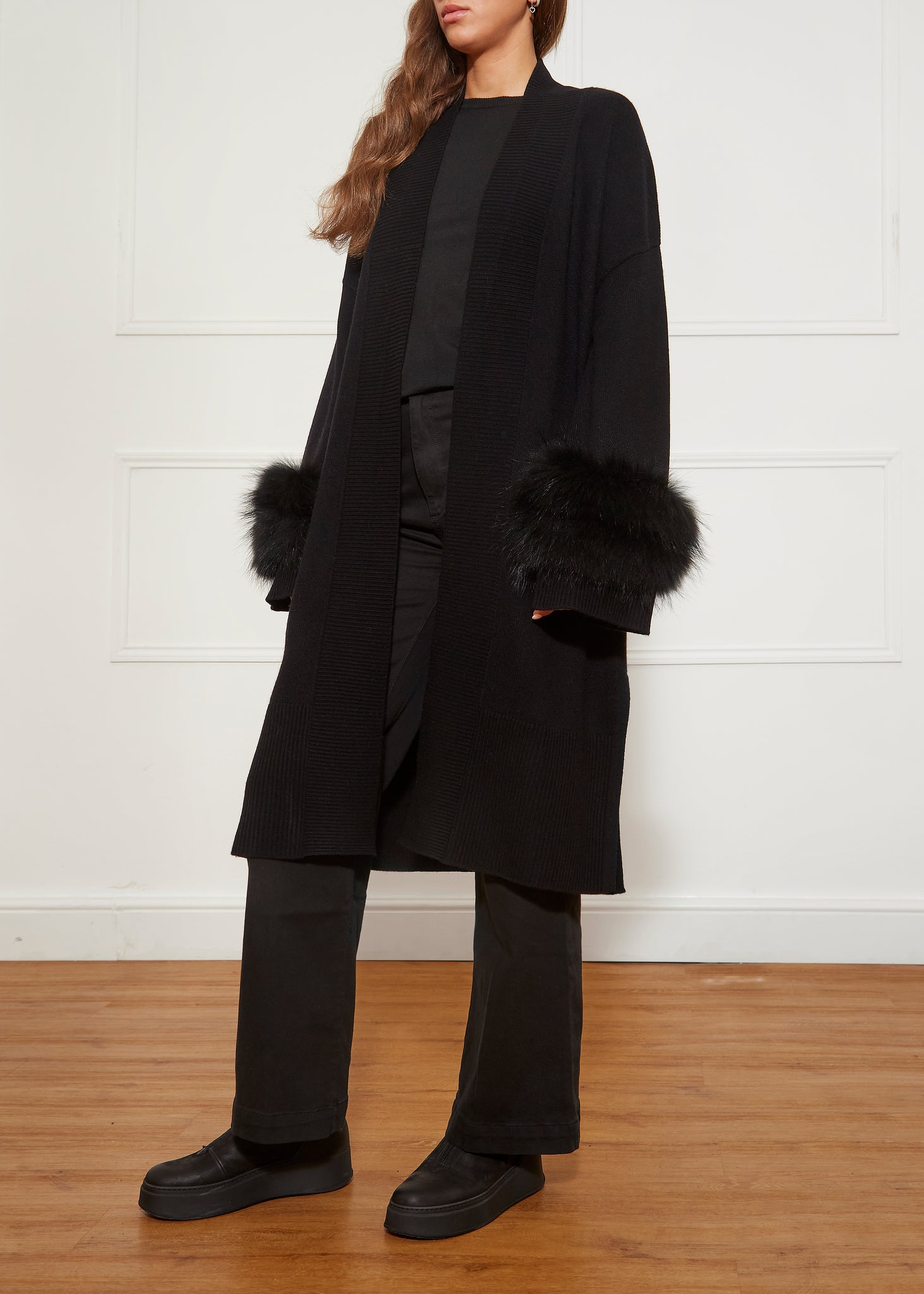 Black Fur Trim Cashmere Blend Cardigan