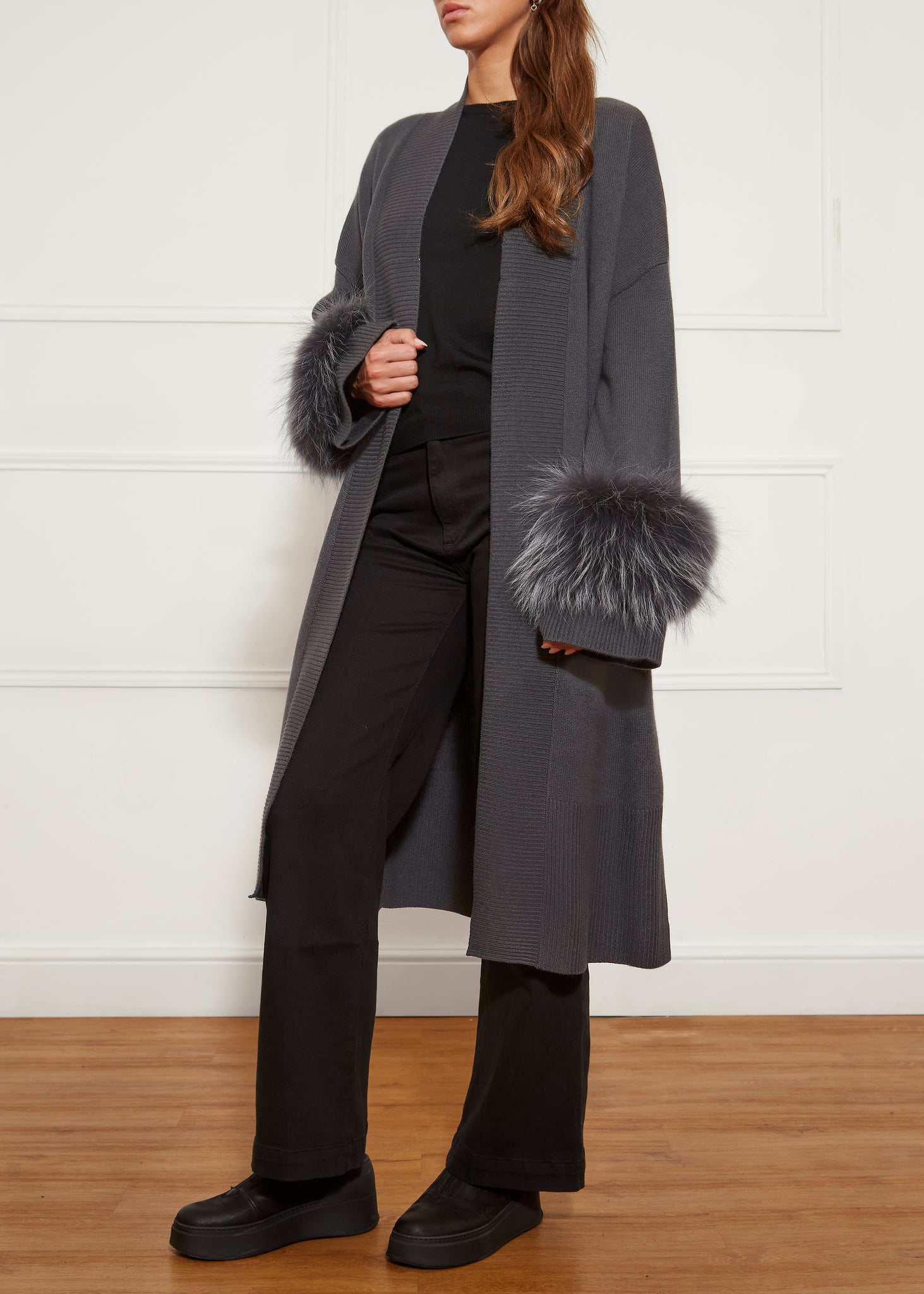 Dark Grey Fur Trim Cashmere Blend Cardigan