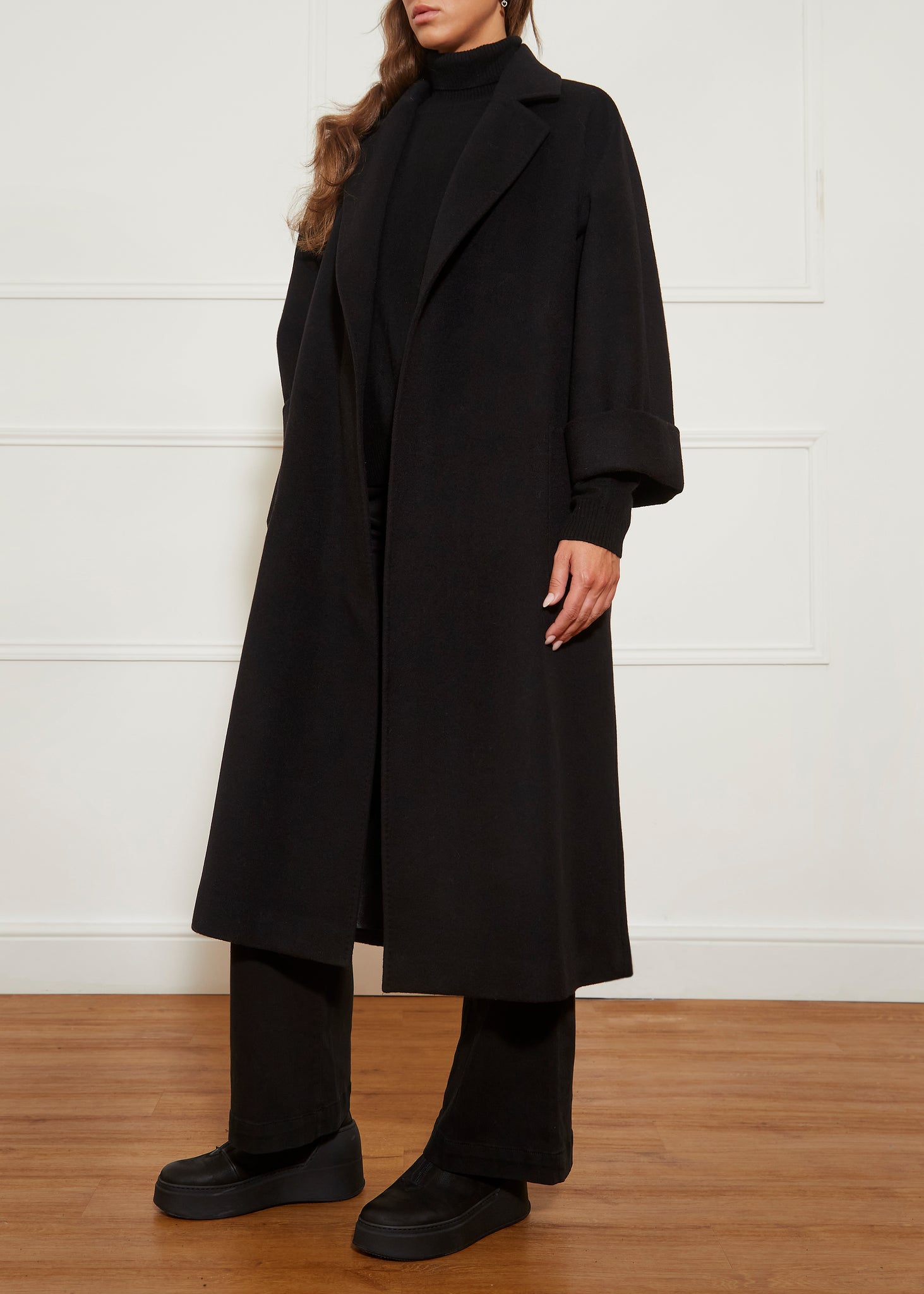 Black Wool Long Open Coat