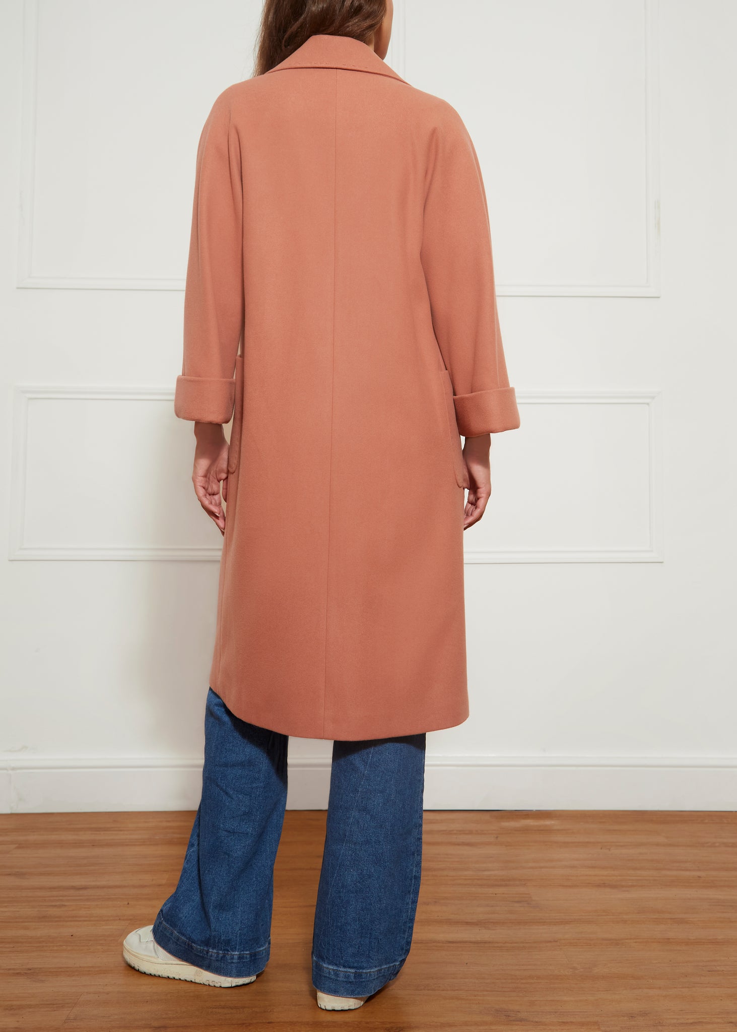 Peach Wool Long Open Coat With Detachable Belt