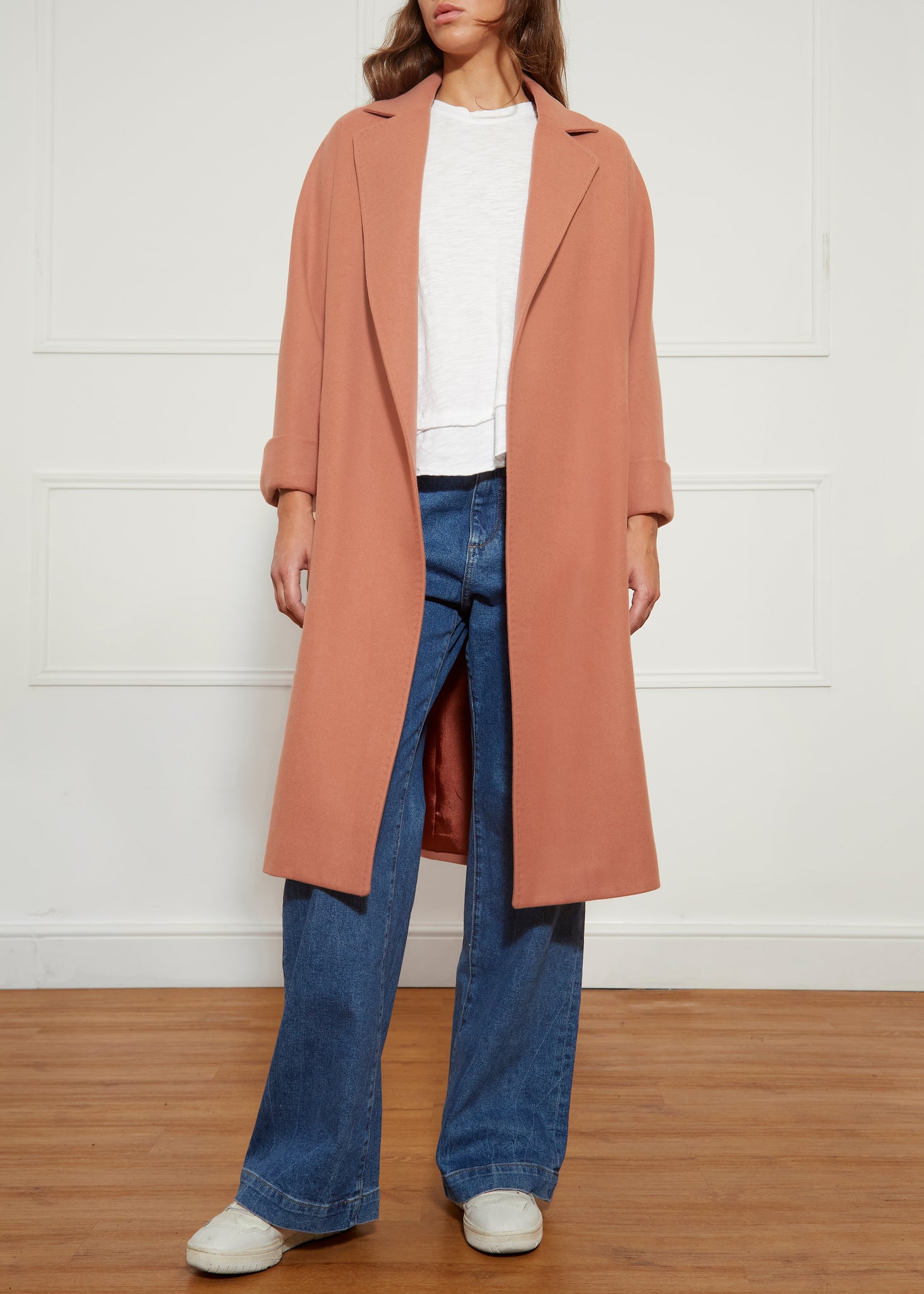 Peach Wool Long Open Coat With Detachable Belt
