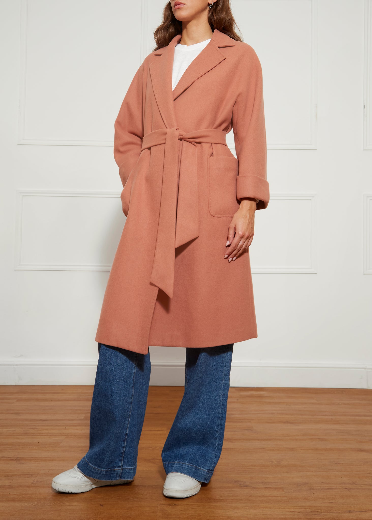 Peach Wool Long Open Coat With Detachable Belt