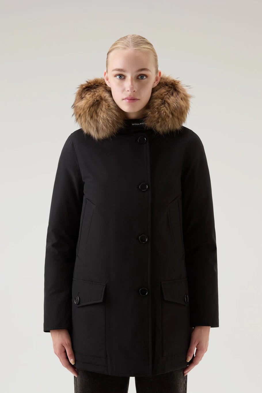 Black Arctic Parka in Ramar Cloth with Four Pockets and Detachable Fur