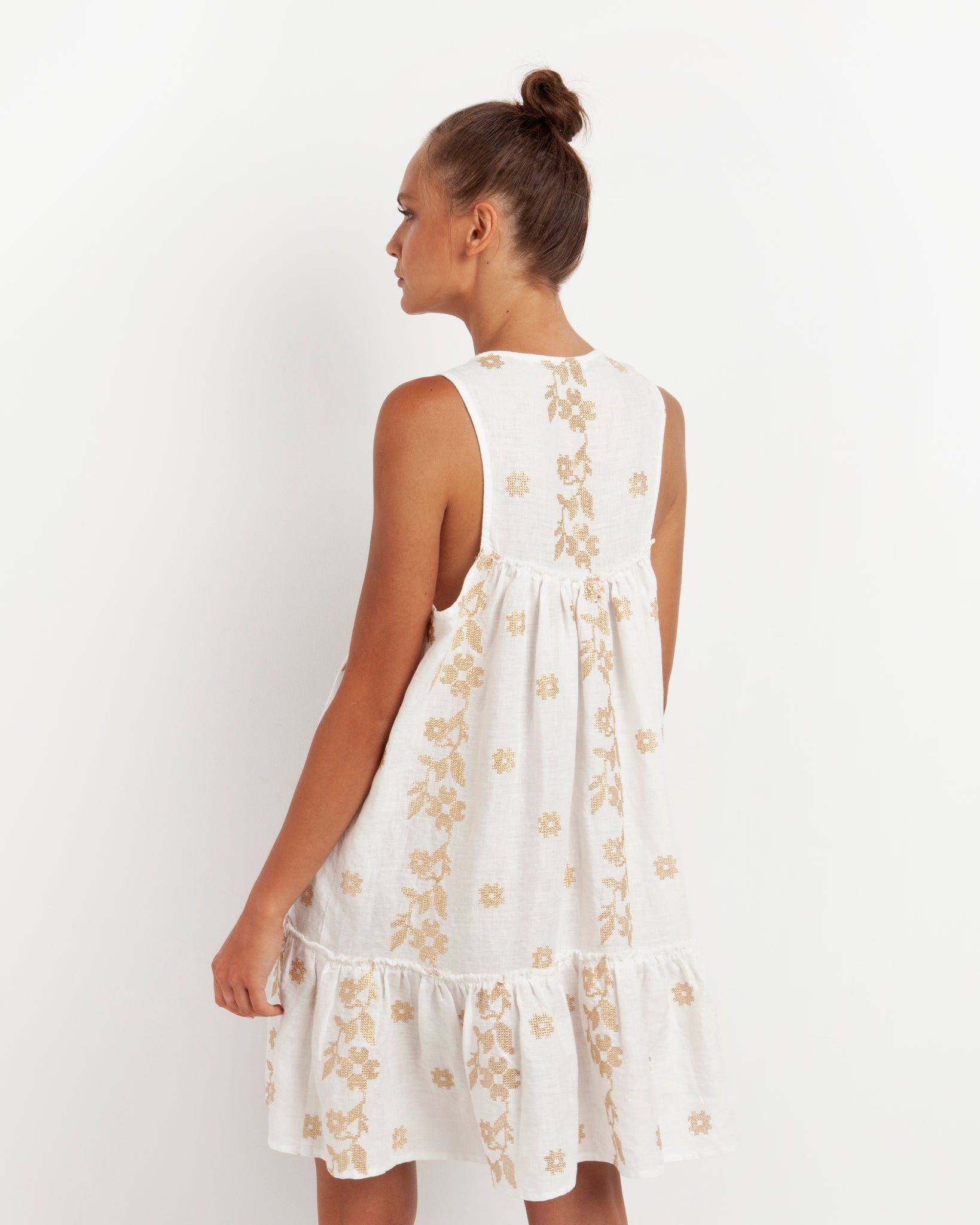 White Linen Gold Daisy Dress