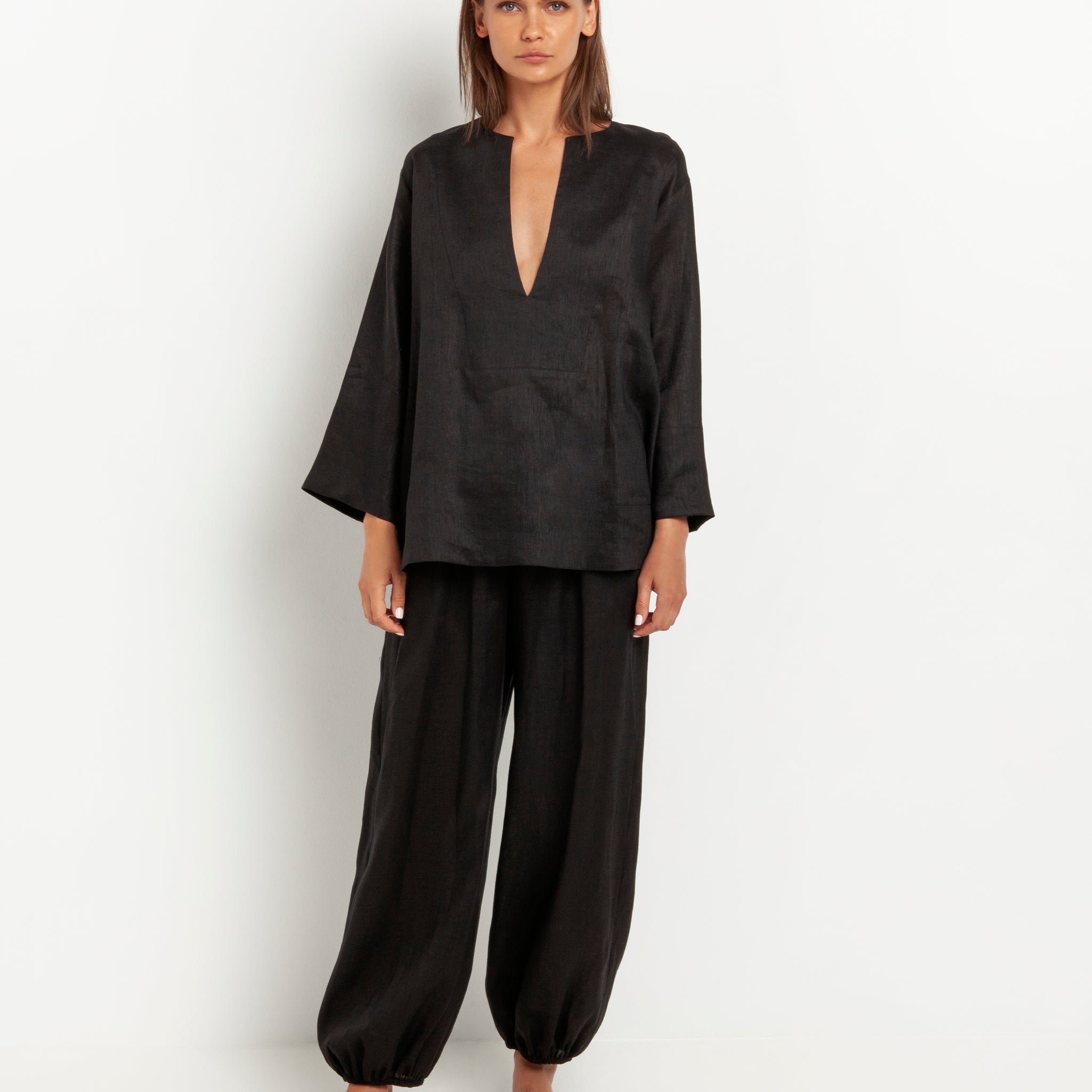 Black Cargo Linen Trousers