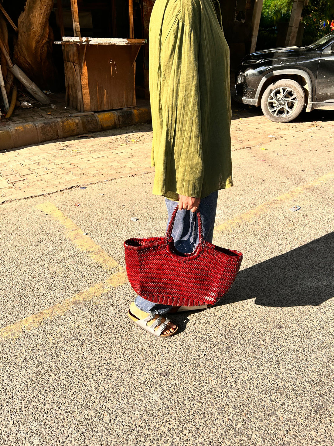 Red Woven Leather Tote Bag