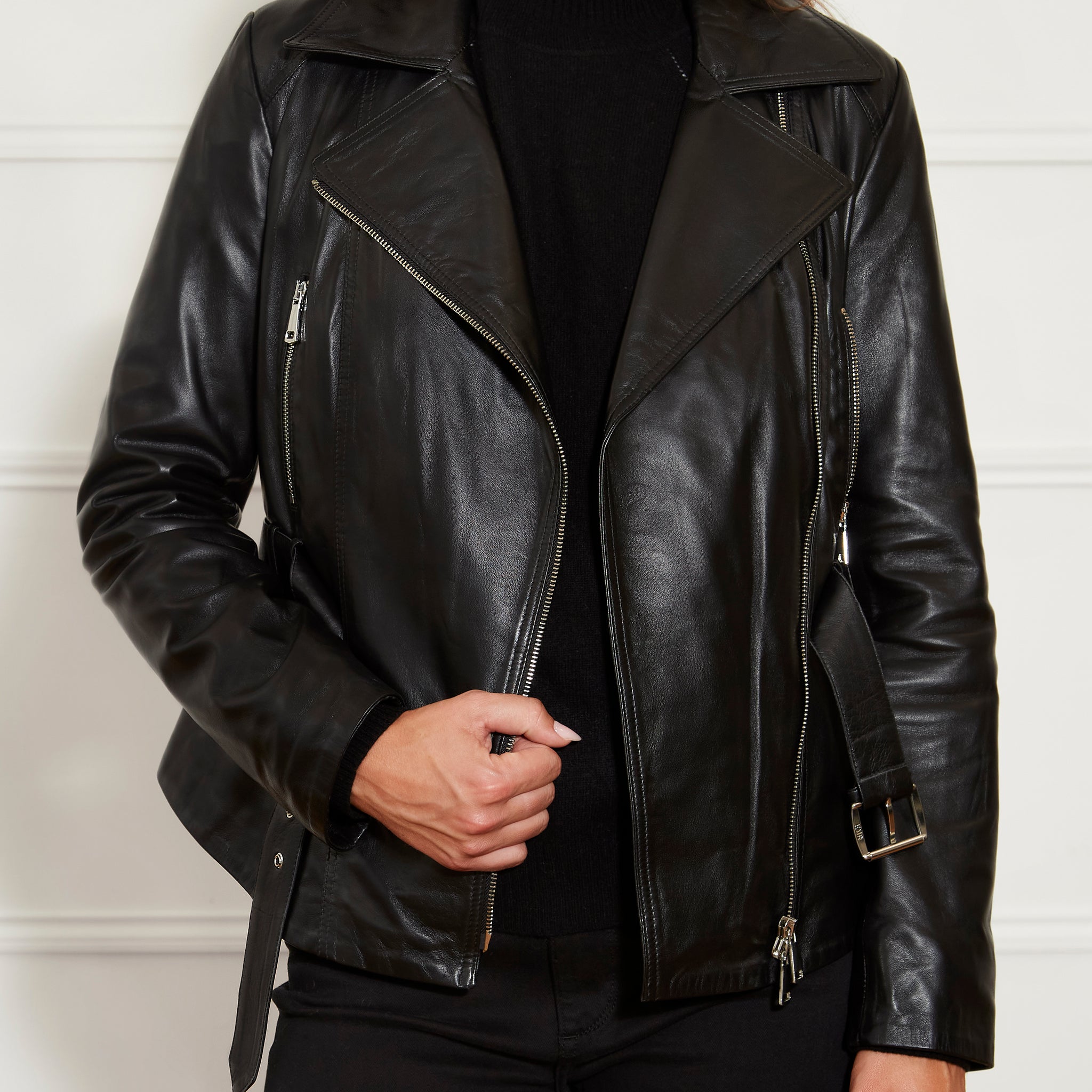 Black Leather Biker Jacket With Belt