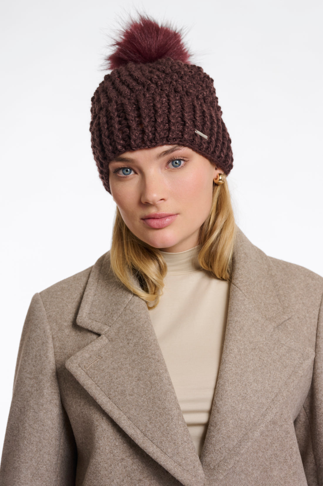 Kevina Knitted Hat with Detachable Faux Fur PomPom