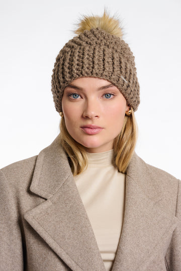 Kevina Knitted Hat with Detachable Faux Fur PomPom