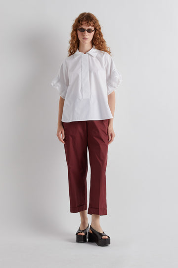 White Short Ruffled Sleeve Cotton Shirt