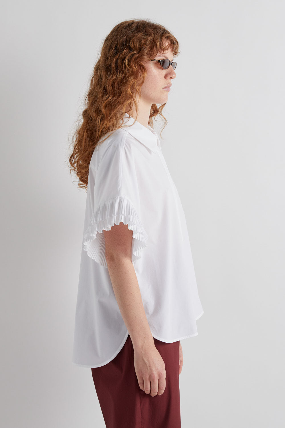 White Short Ruffled Sleeve Cotton Shirt